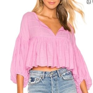 Free People Pink Flutter Crop Peasant Top